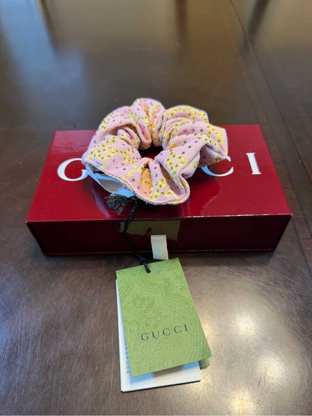 New authentic Gucci GG Logo Crystals Scrunchie Pink
